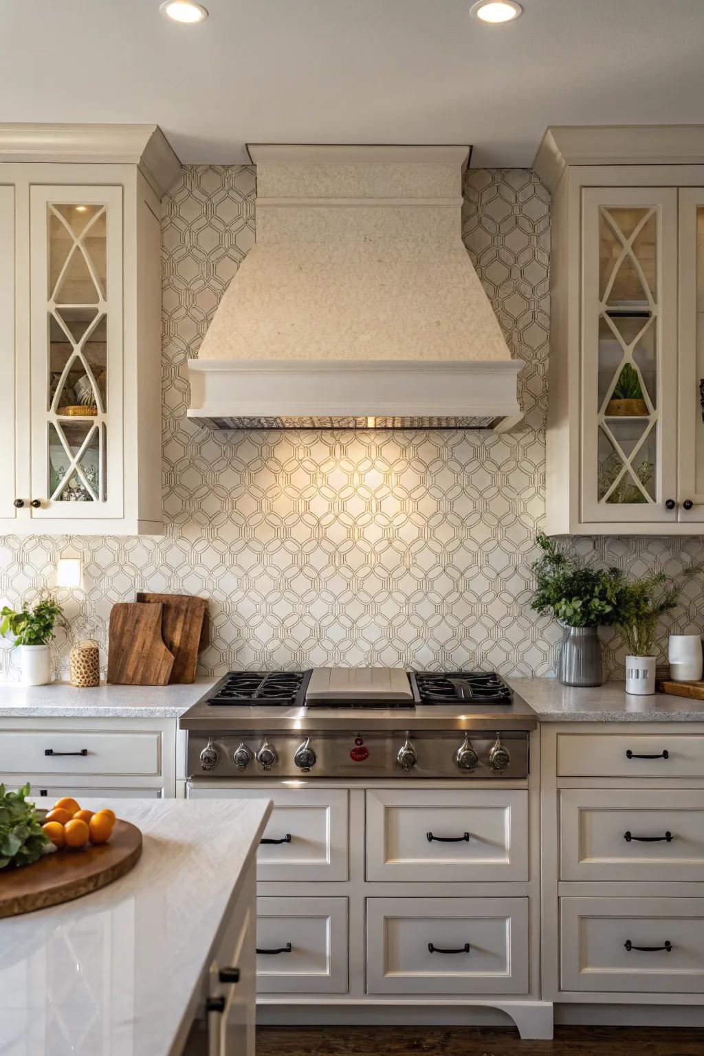 Kitchen featuring a textured tile backsplash that adds depth to a plain range hood.