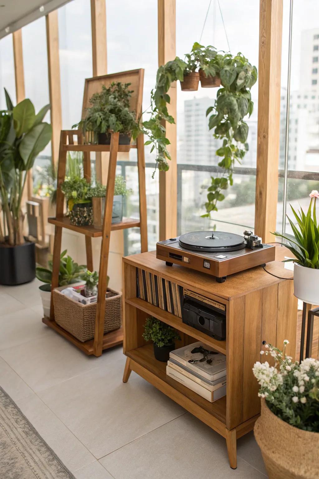 Nature-inspired record player setup with wood and plants.