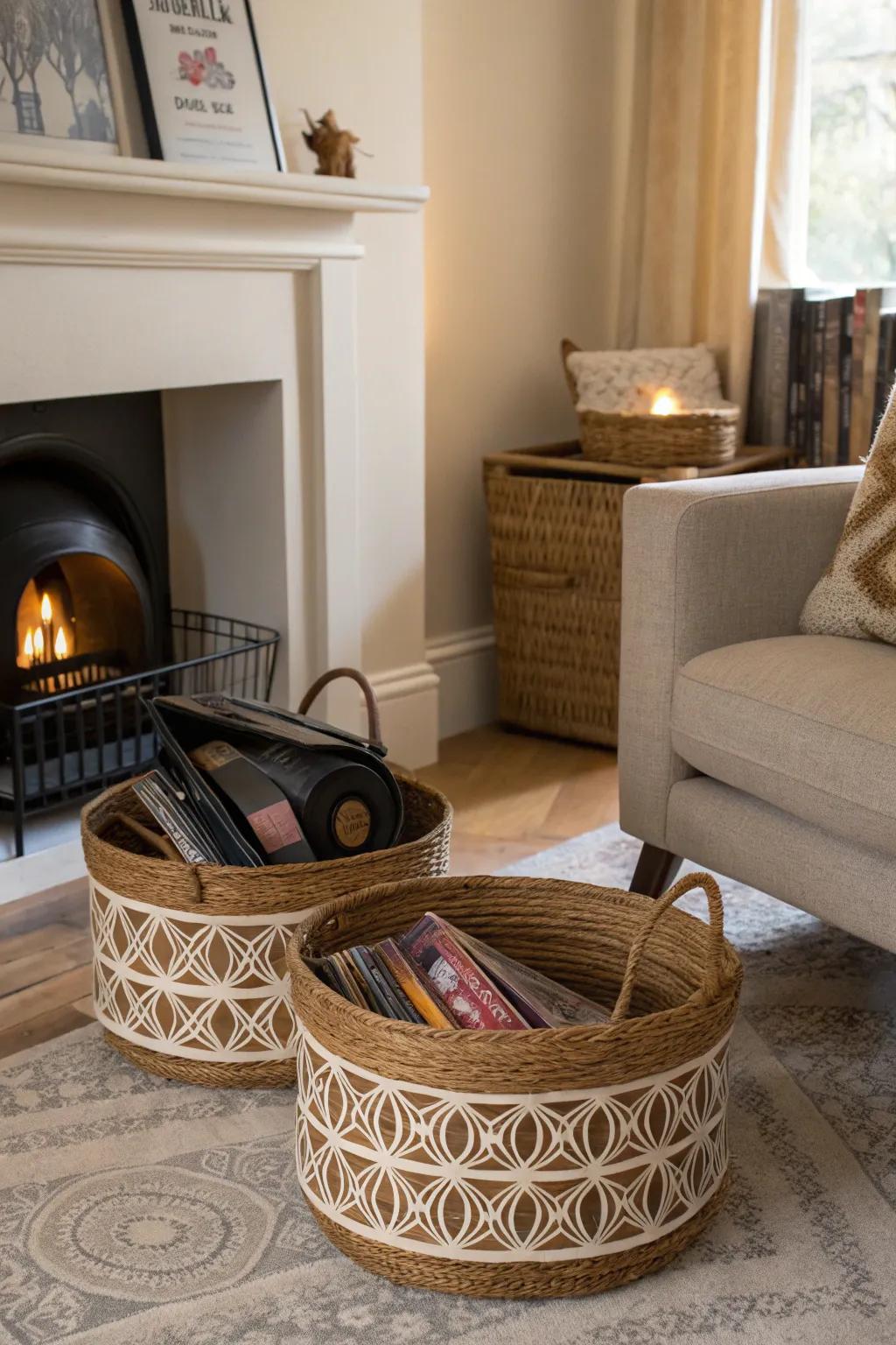 Baskets offer a casual and accessible method to store your albums.