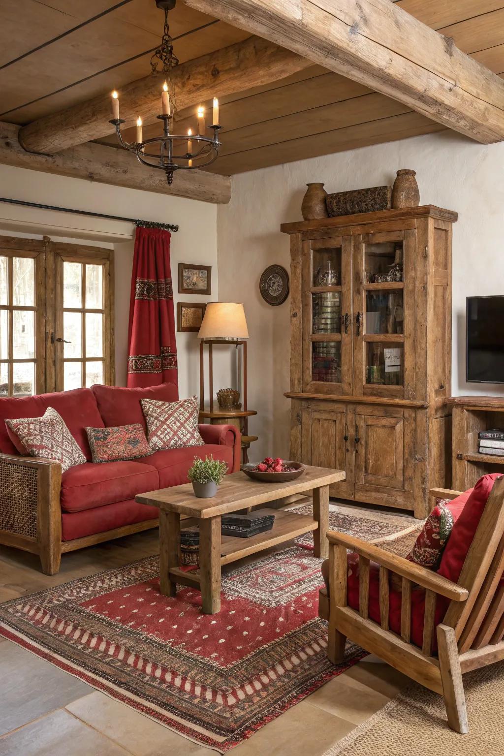 Rust crimson accents create a vintage, slow-paced vibe.