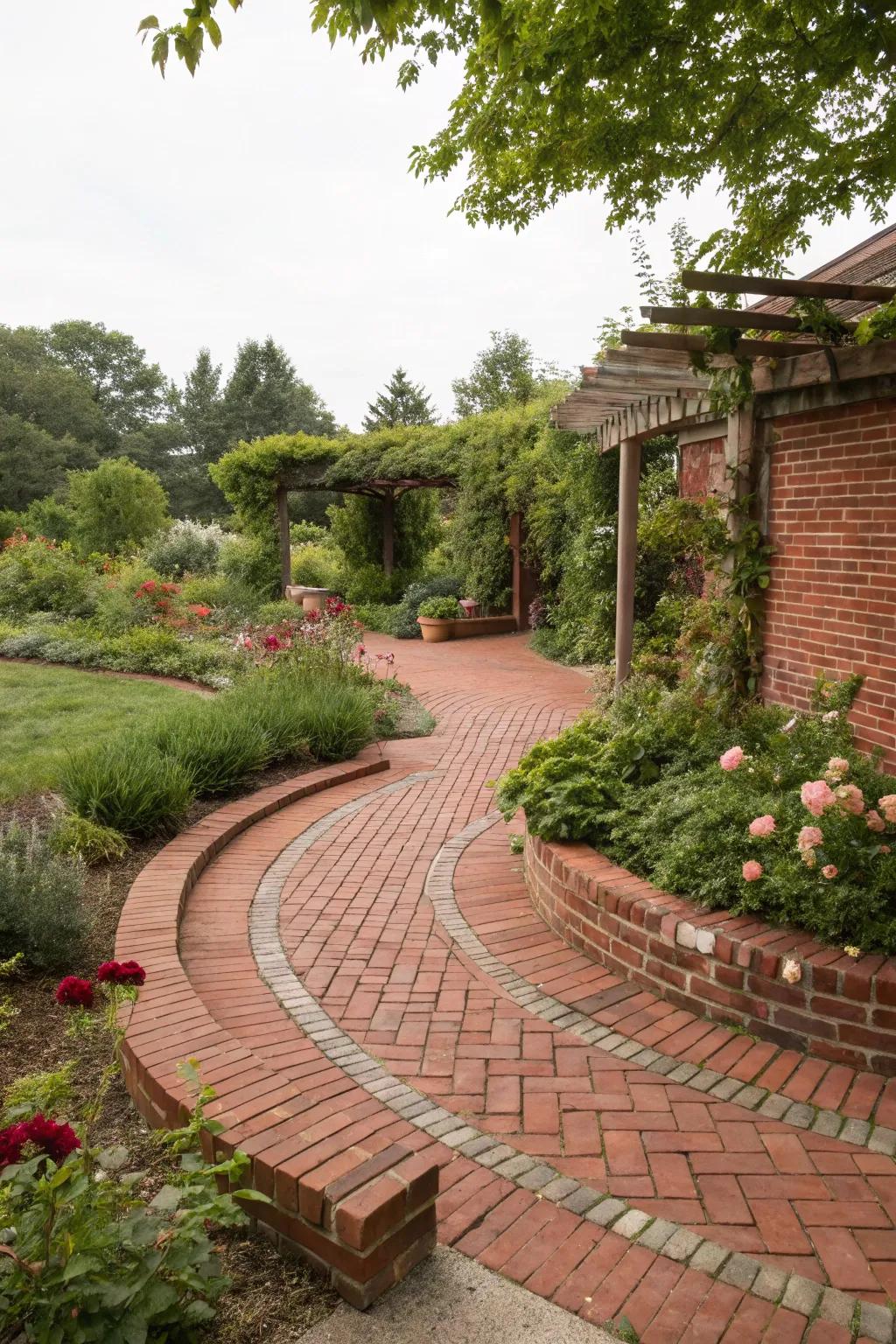 A red brick patio featuring unique and creative walkways