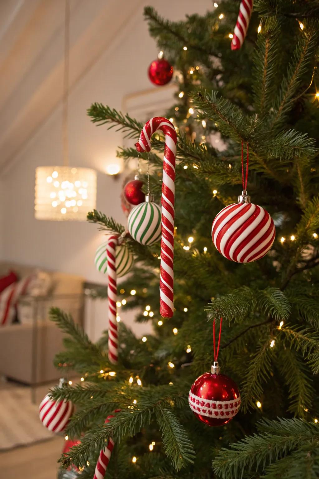 Unusual Christmas tree featuring a candy cane theme