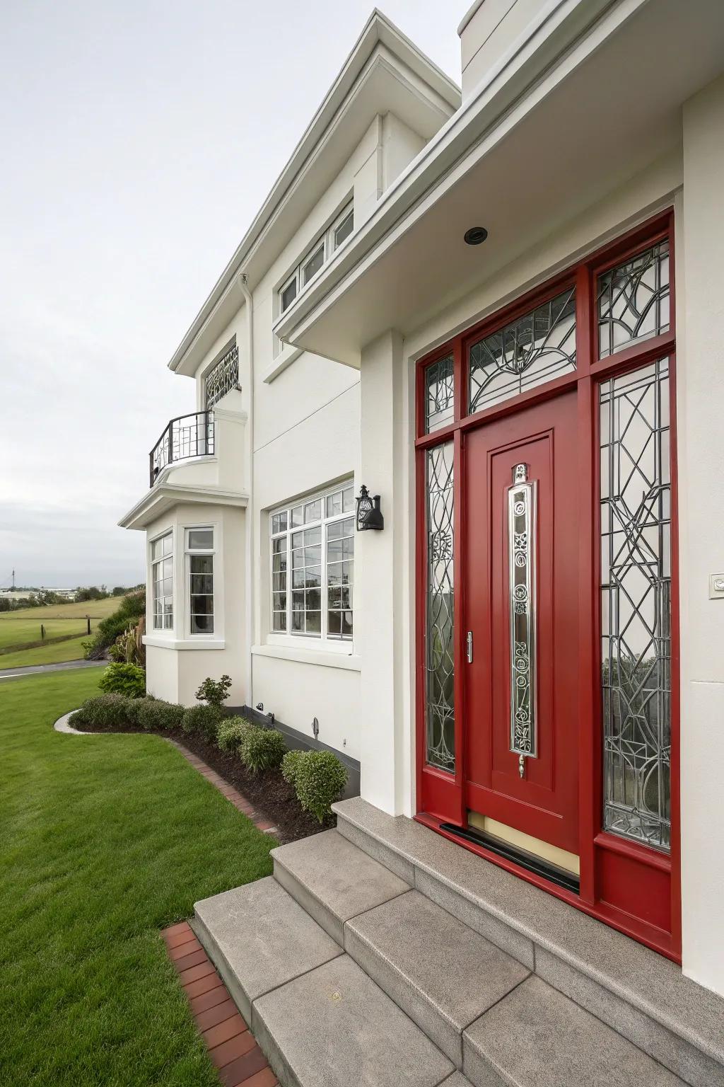 Art Deco home with a red door, showcasing geometric details.