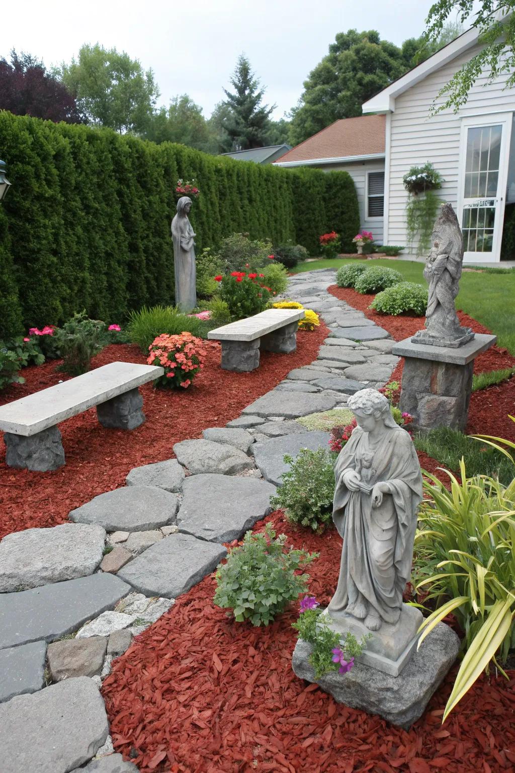 Scarlet ground cover highlights stone accents, fashioning stunning garden contrasts.