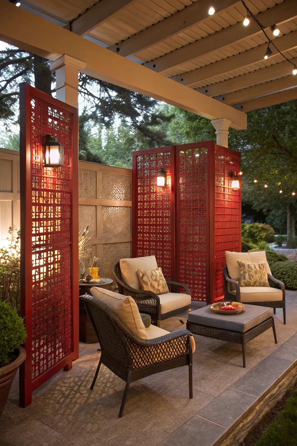 Scarlet lattice screens offer both privacy and style.