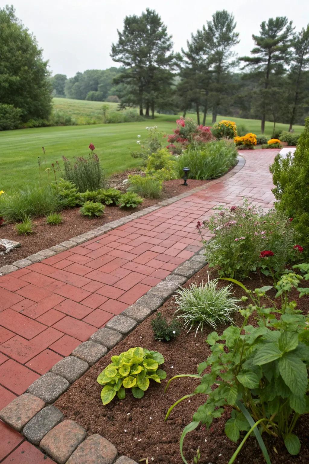 Eco-conscious soak gardens complement the elegance of crimson pavers.