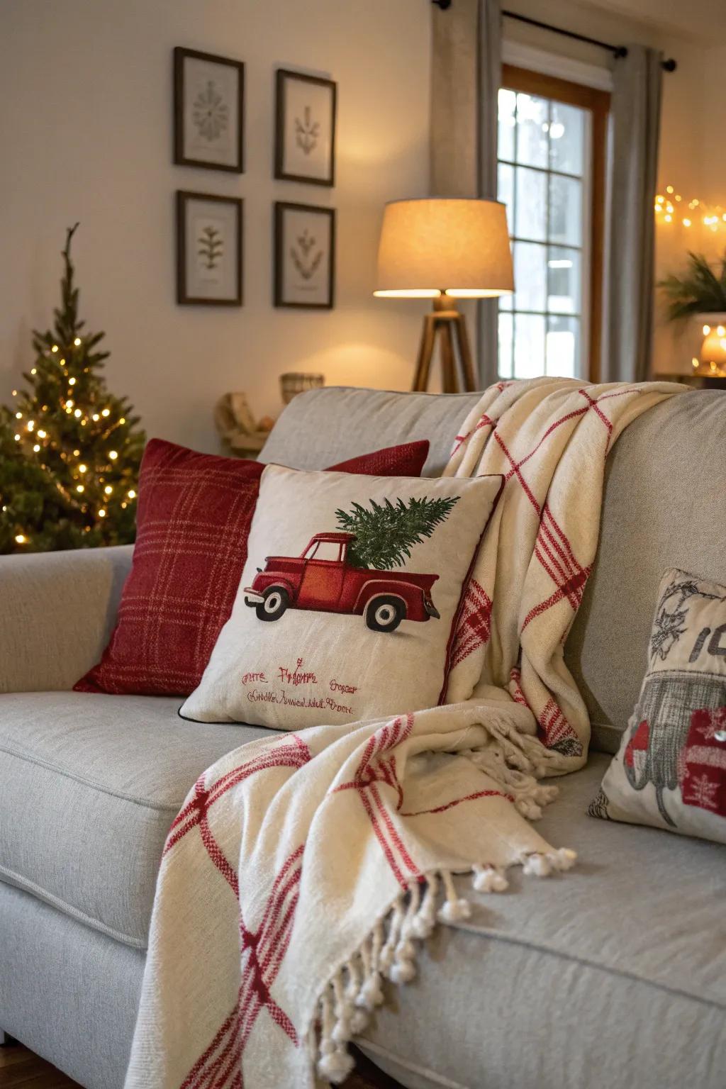 Cozy living room featuring red truck-themed pillows.