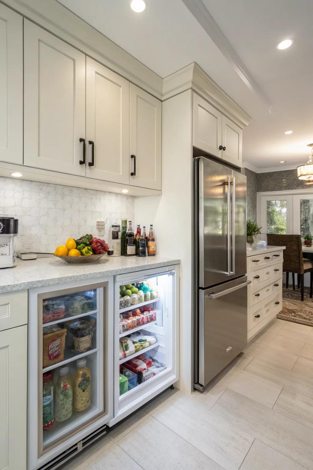 A kitchen featuring an undercounter refrigerator ideal for added storage.