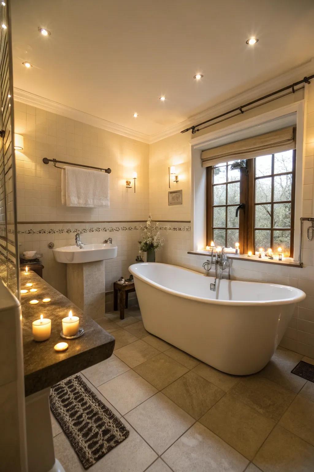 A freestanding tub serves as a sculptural centerpiece.