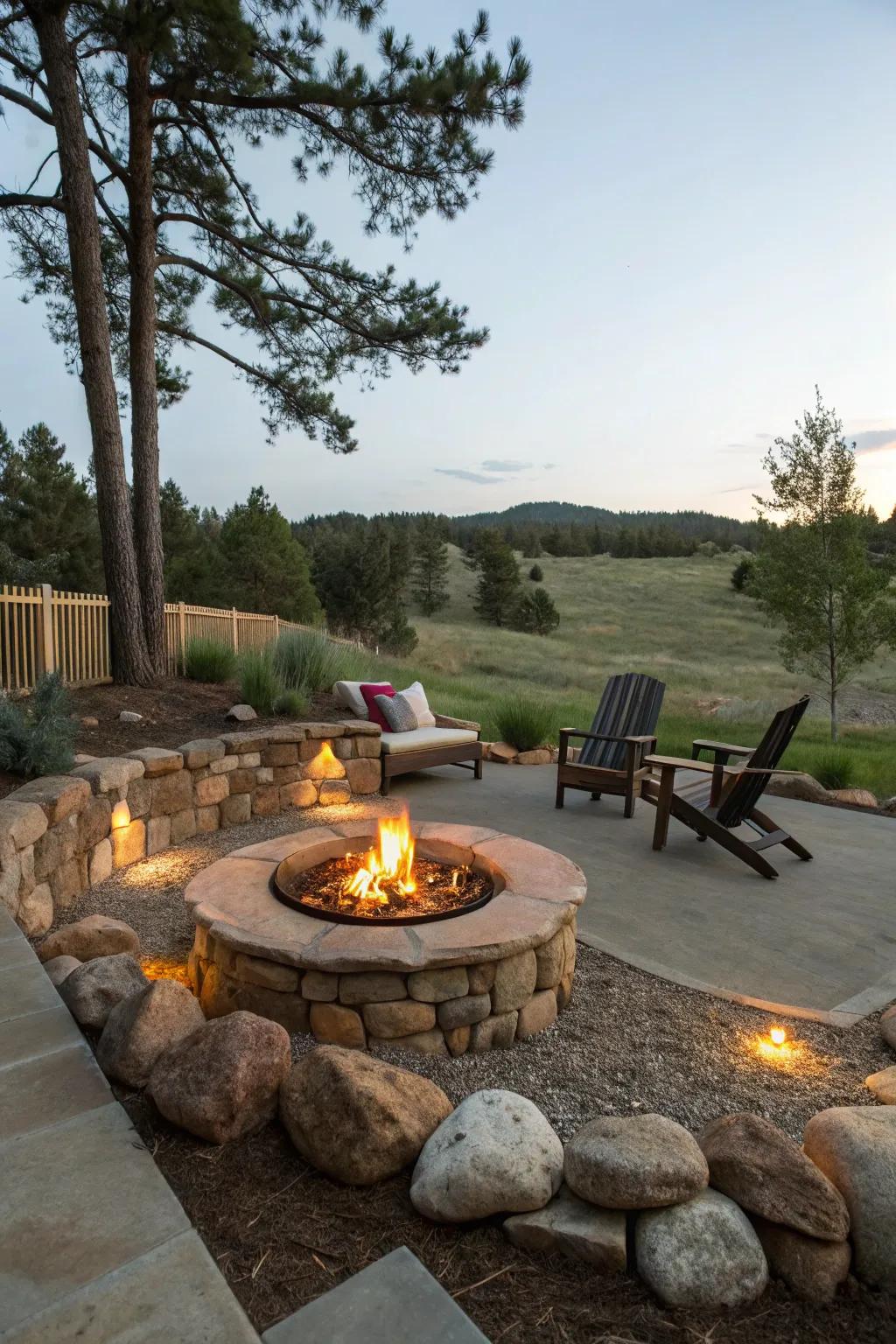 A cozy fire pit area improved by a natural stone border.