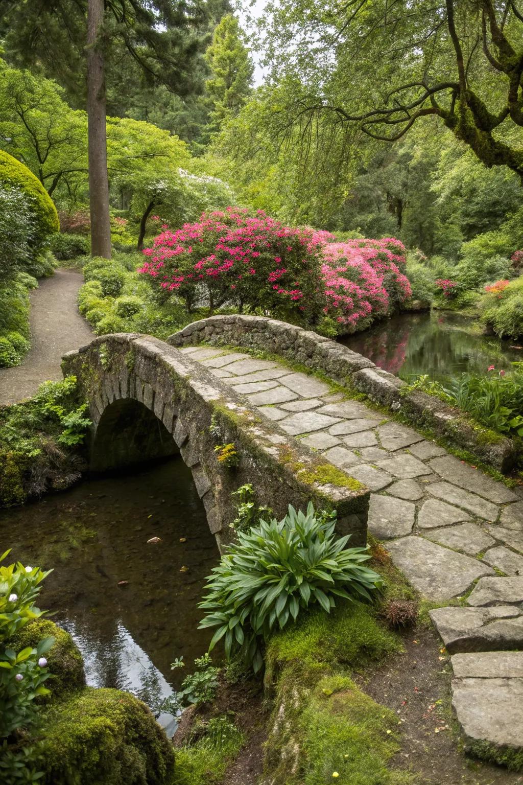 A magical concealed path bridge gives a playful touch to the garden.