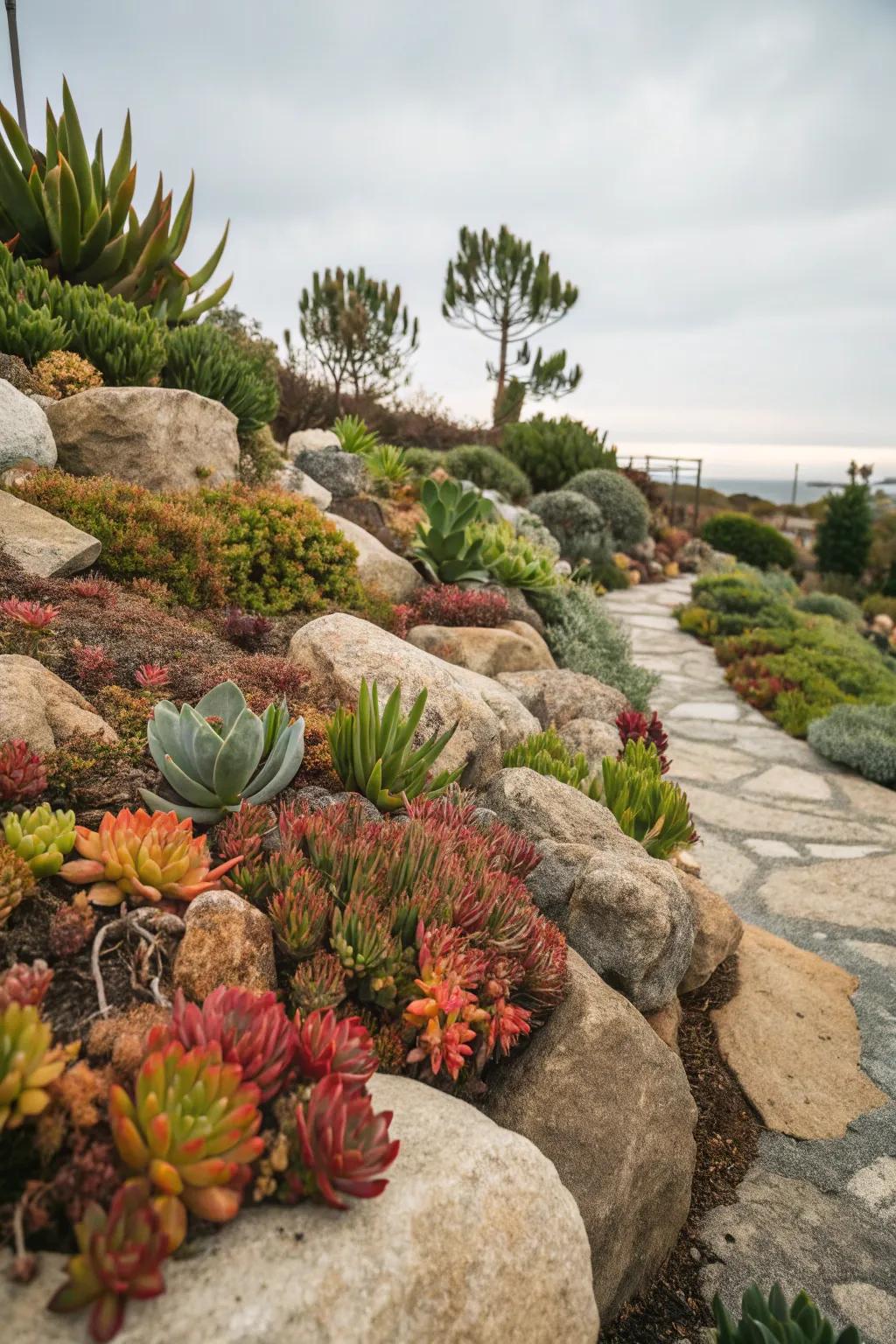 Fatplants and stones create a dynamic and colorful display.