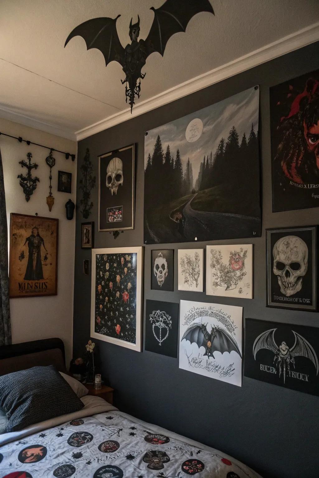 Gothic artwork appends a personal and artistic touch to the boudoir.