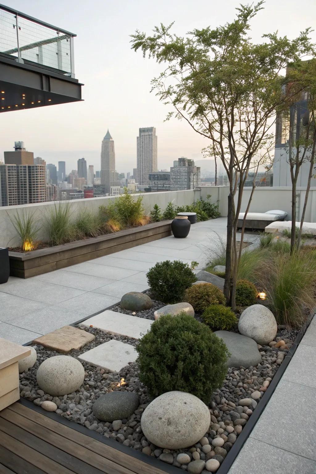 A serene rooftop Zen garden retreat.