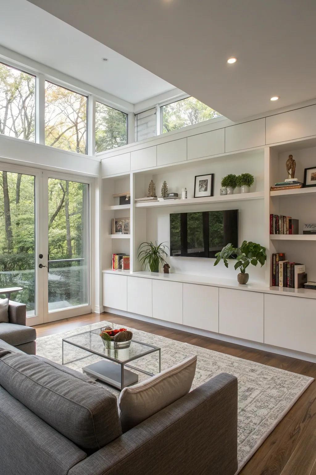 A customized half wall designed to integrate seamlessly into a modern living room.