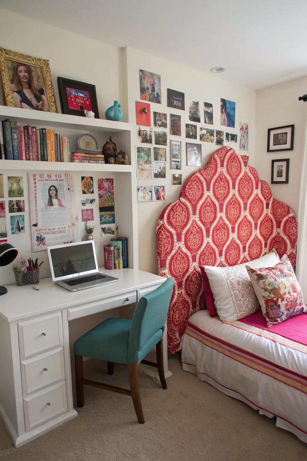 An eye-catching headboard adds flair and character to the room.