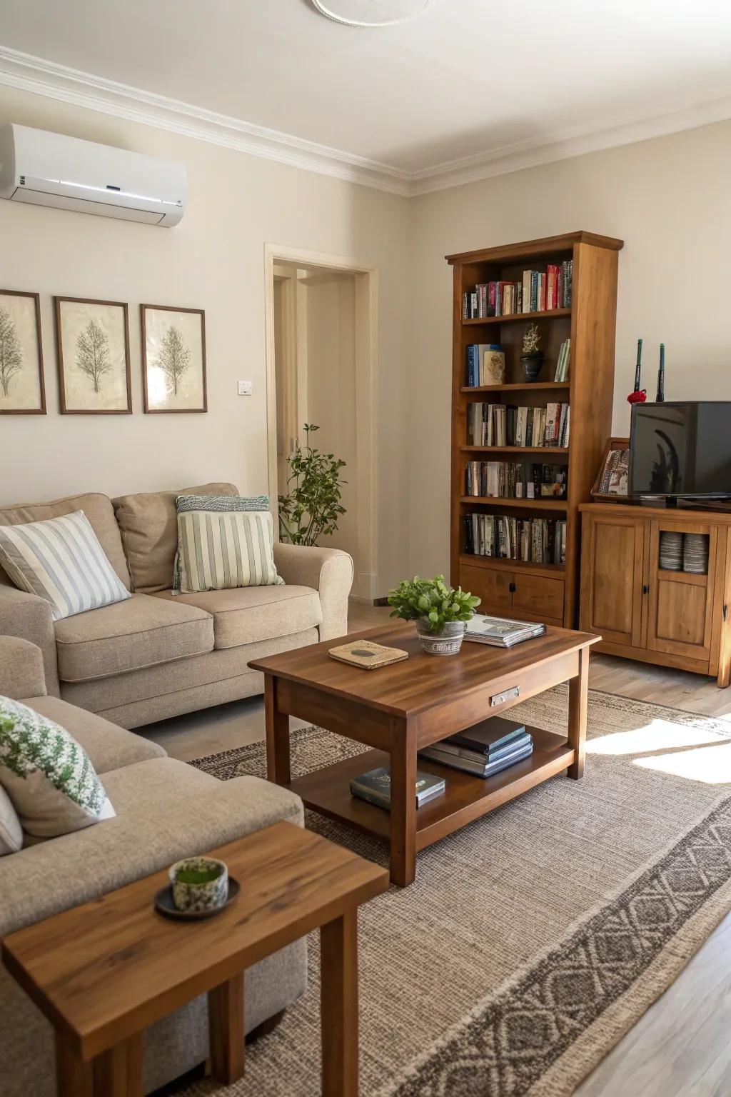 A room featuring a practical design that makes the most of available space and usability.