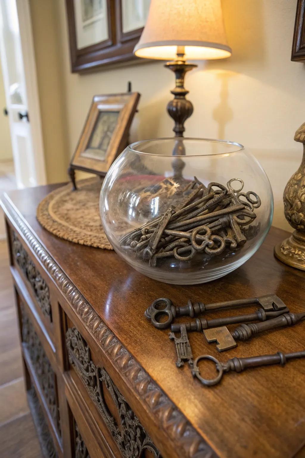 A selection of vintage keys in a glass bowl incorporates a nostalgic charm.