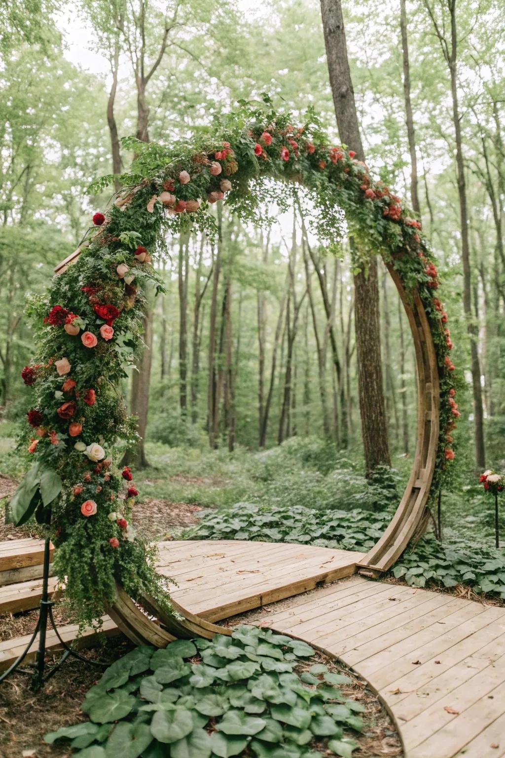 A down-to-earth circular wedding arch with a timber framework.