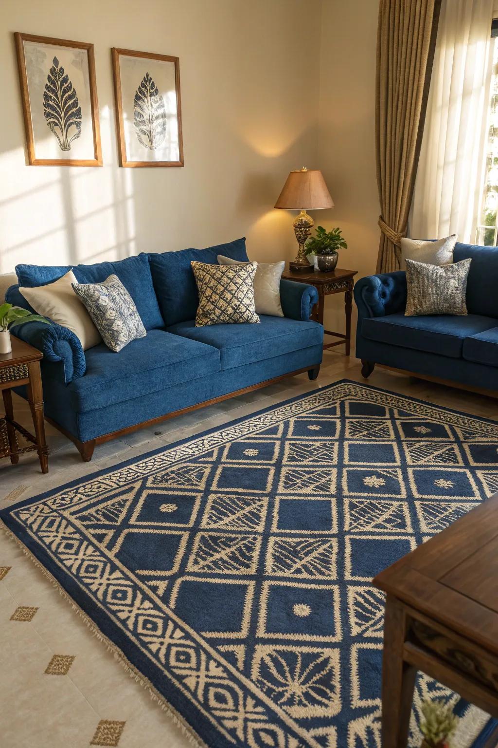 Geometric patterns introduce a modern and sophisticated element to a royal blue room.