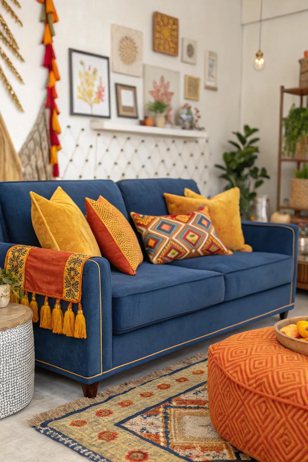 Striking contrast shades bring energy and vibrancy to the sapphire settee setting.