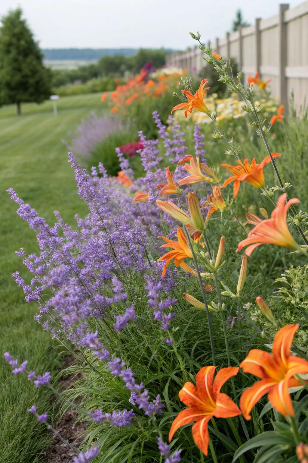 A bold and colorful garden with Azure Beauty and daylilies.
