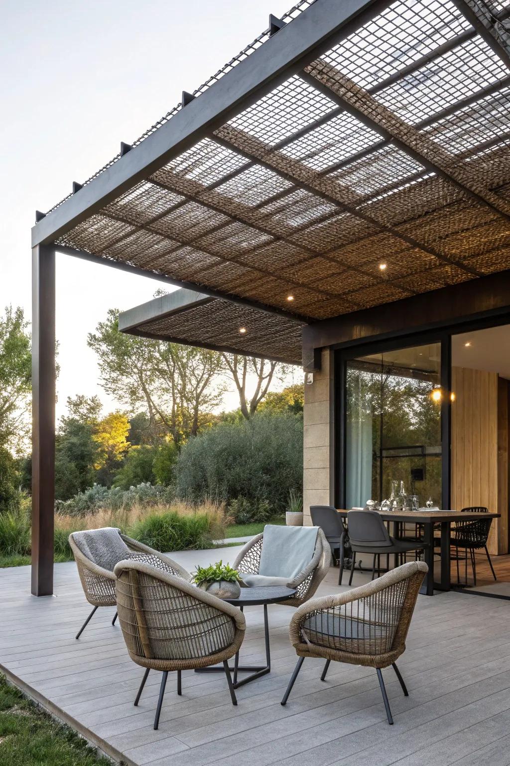Metal grid awnings add shade and airflow.