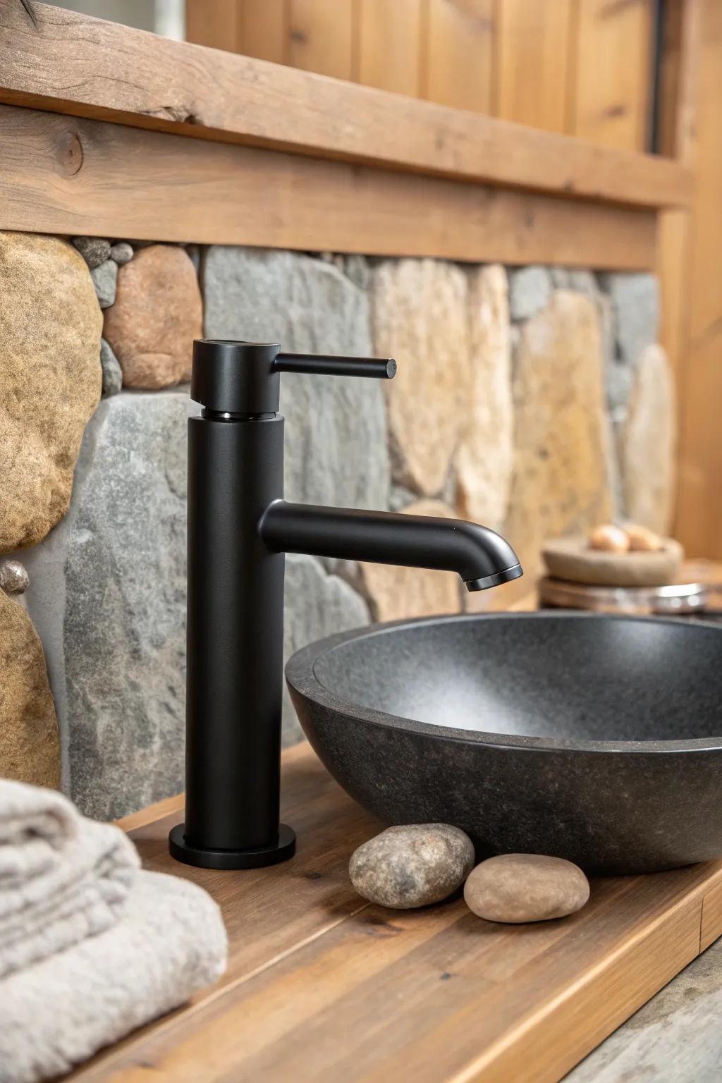 Flat black water spouts offer a contemporary rustic vibe.