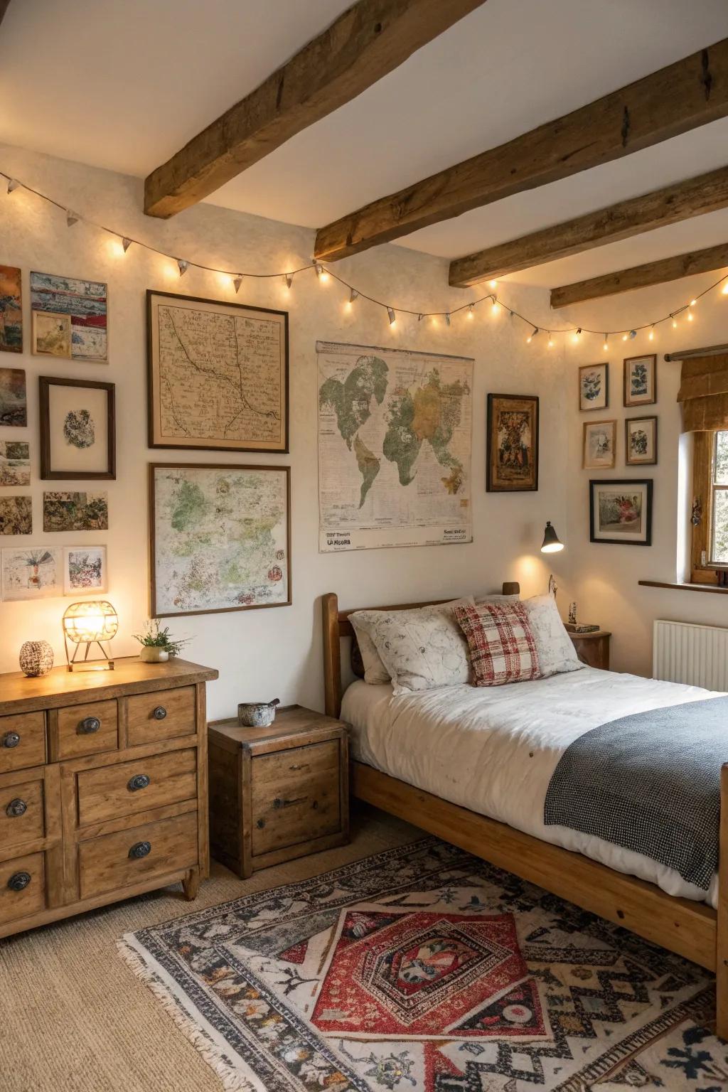 A gallery wall enhances personal style in this countryside bedroom.