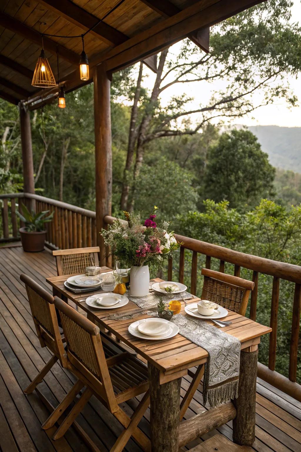 A wooden dining table invites outdoor meals on this deck.