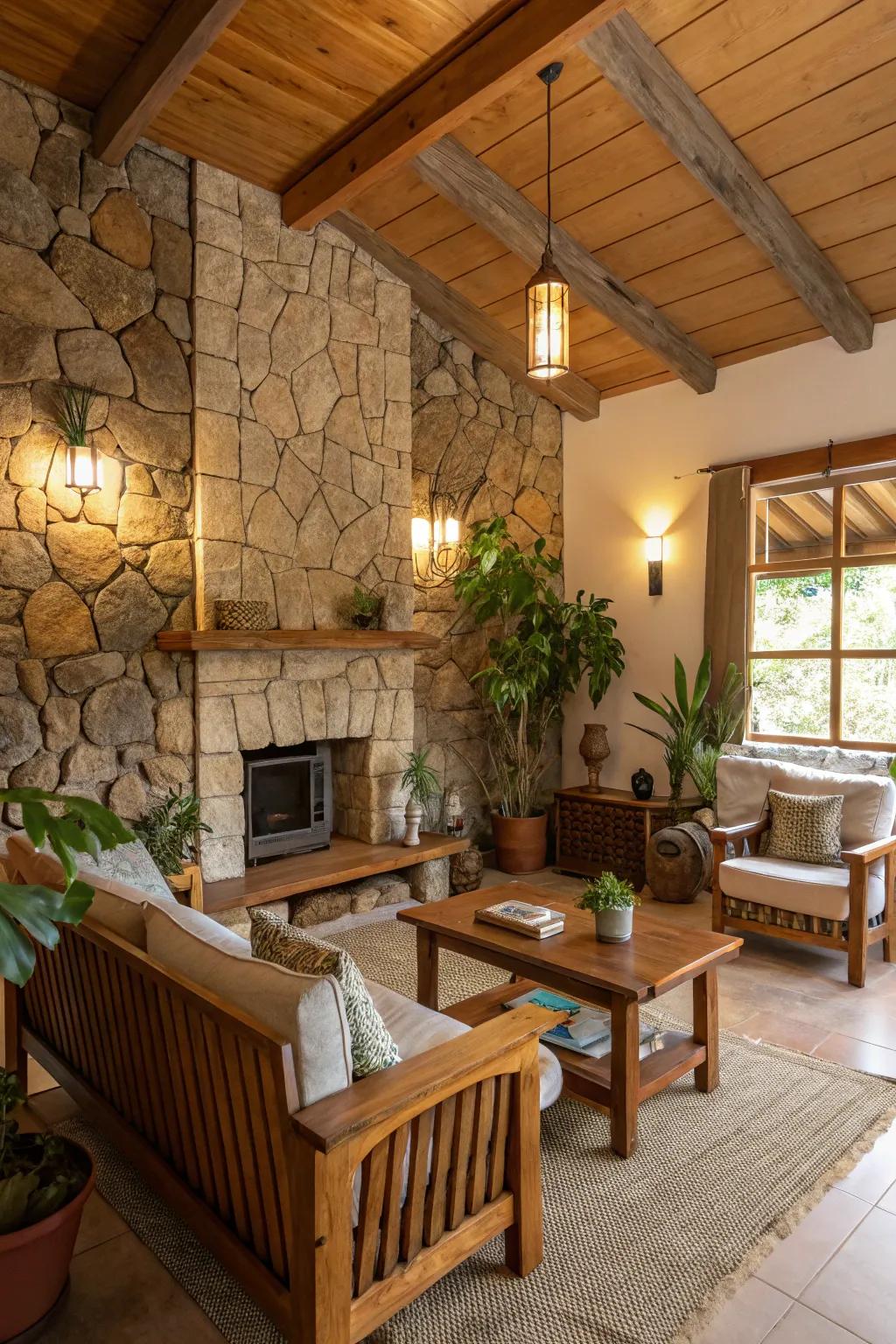 A living area showcasing a striking stone feature wall.
