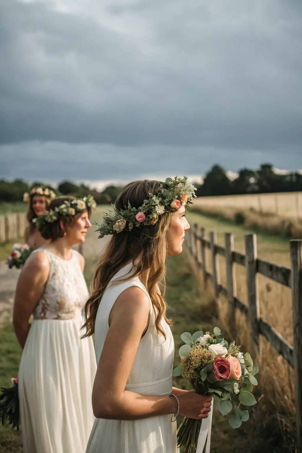 DIY flower crowns add a whimsical bohemian vibe.