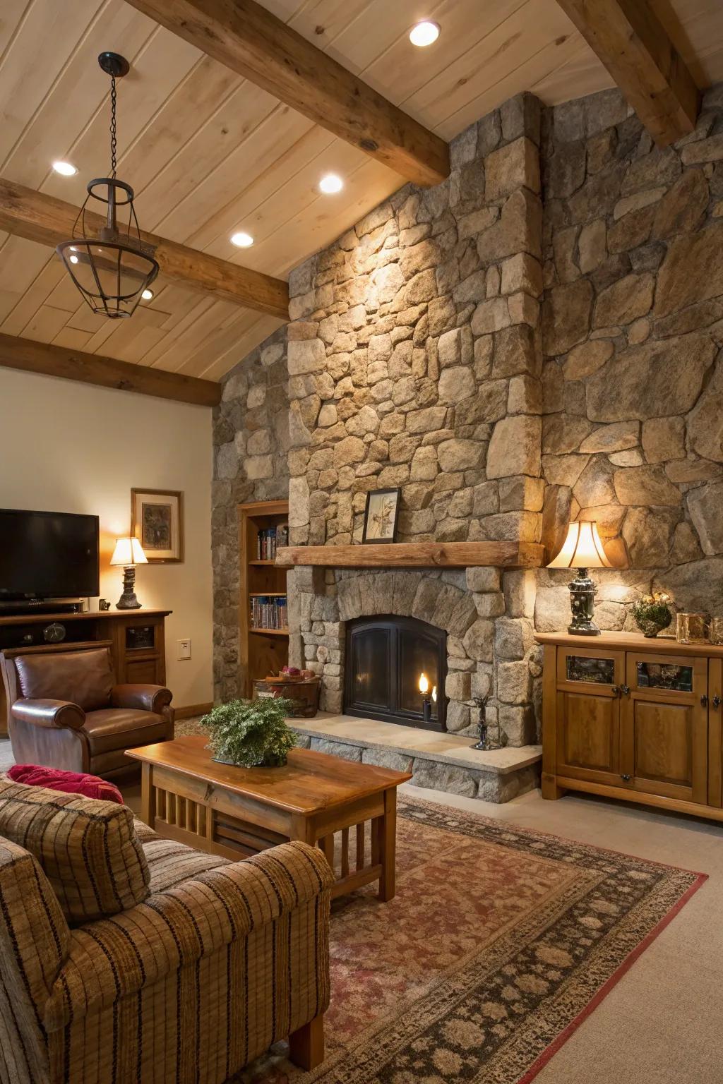 A statement stone wall adds a dramatic focal point to the room.