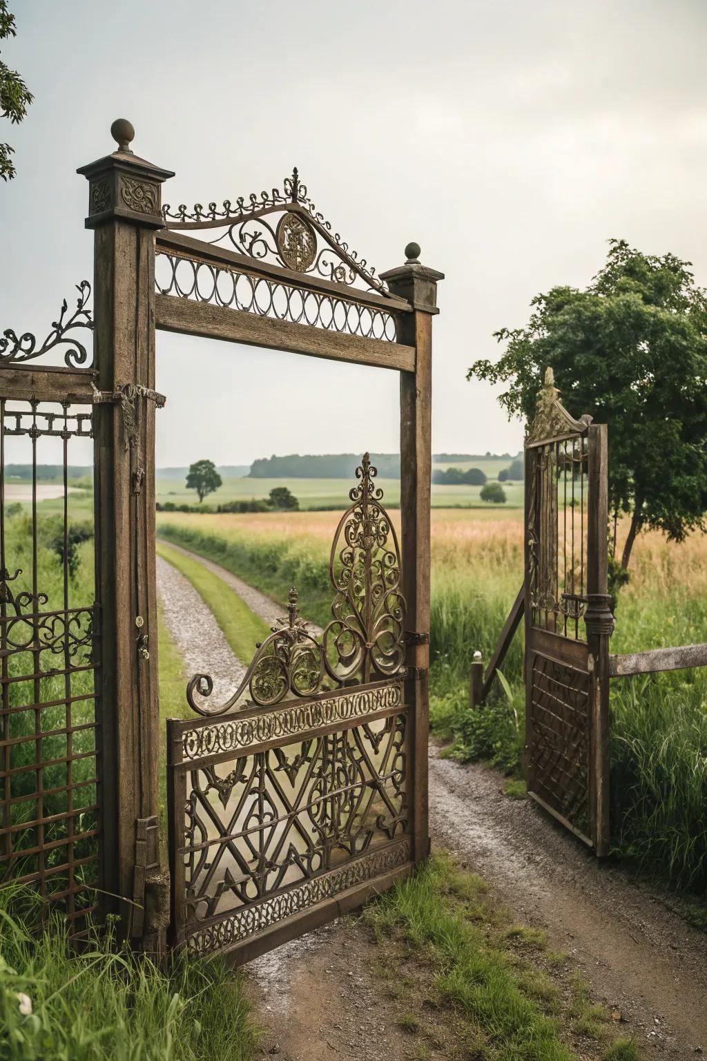 A farm portal with lovely latticework details.