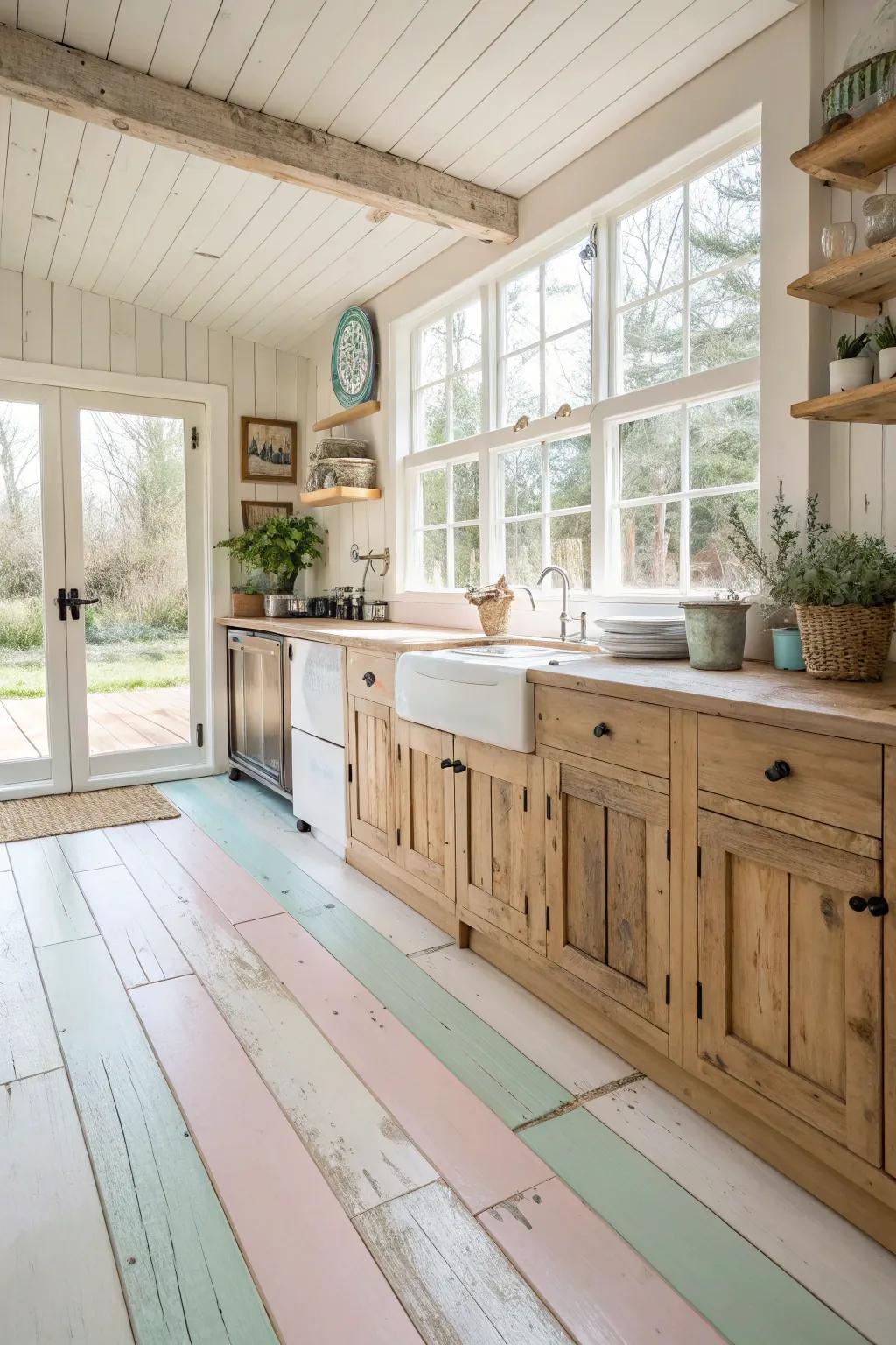 Painted wood floors deliver a refreshing spin on country style.