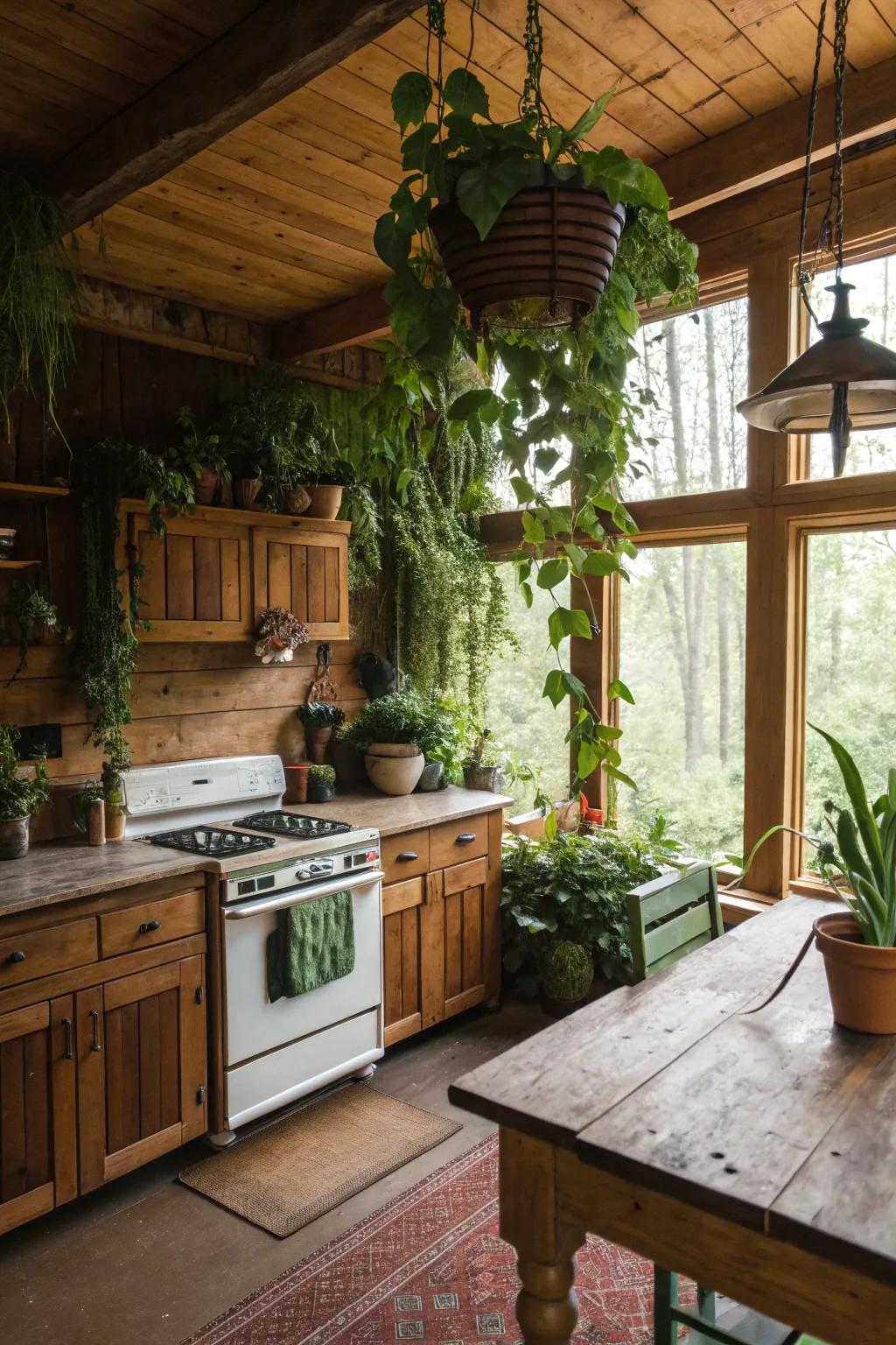 Greenery infuses rustic kitchen areas with life and energy.