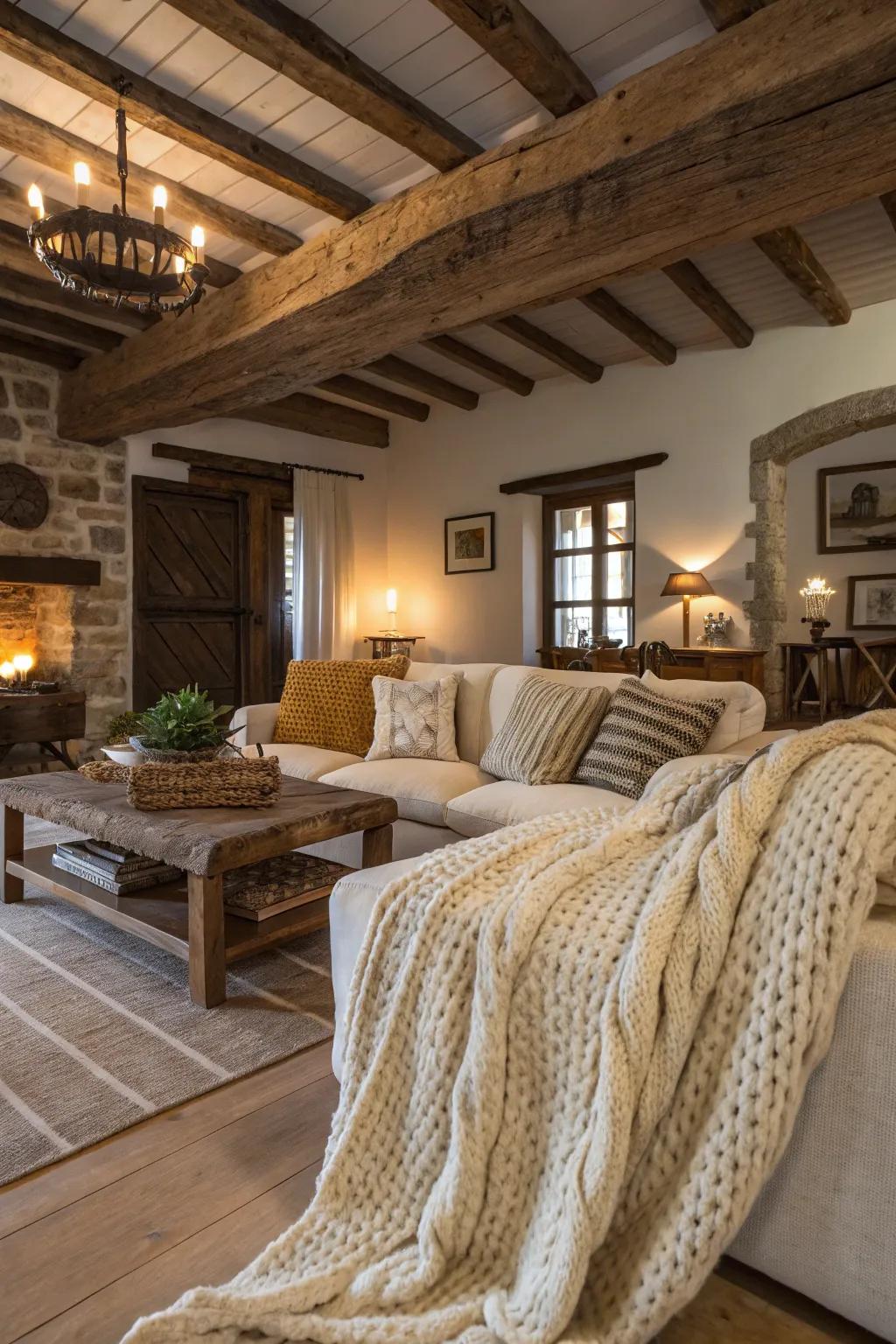 Chunky knit throws offer warmth and coziness to rustic interiors.