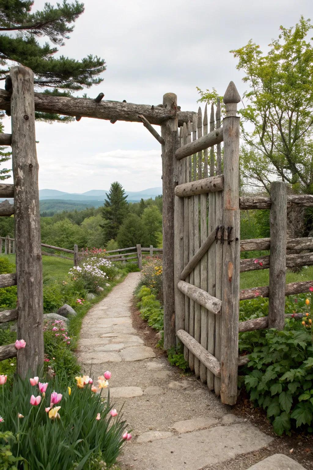 An unaffected timber portal functions as an inviting entryway toward a garden trail.