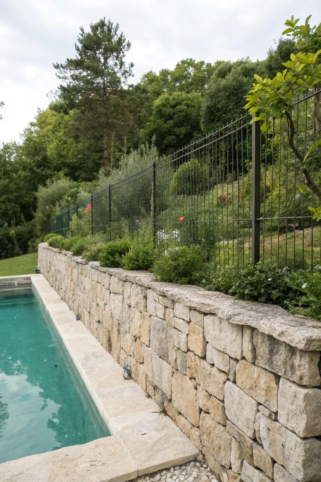 A robust natural rock wall delivering countryside enclosure for the pool.