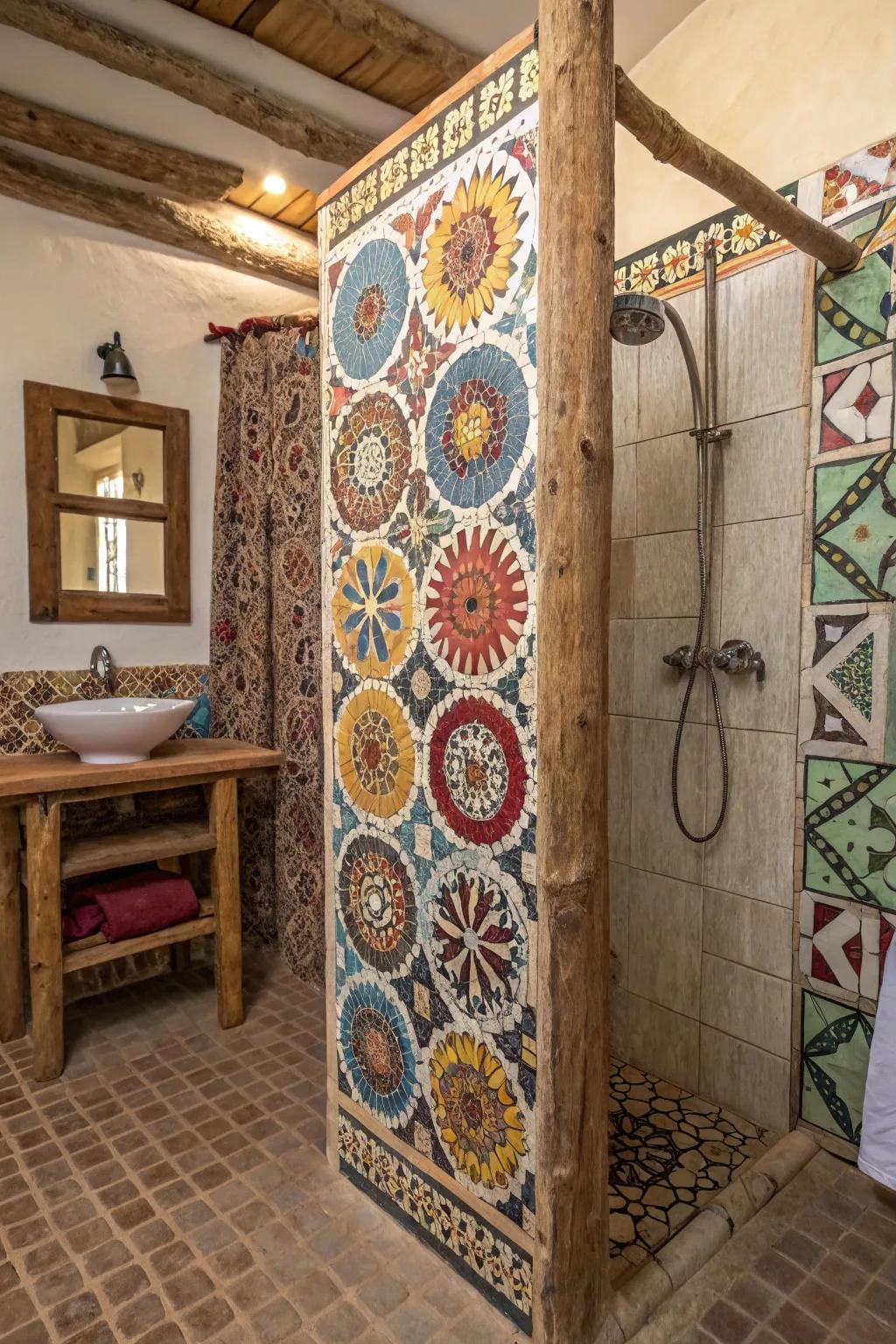 A country-style shower showcasing mosaic tile patterns that introduce vibrancy and detail.