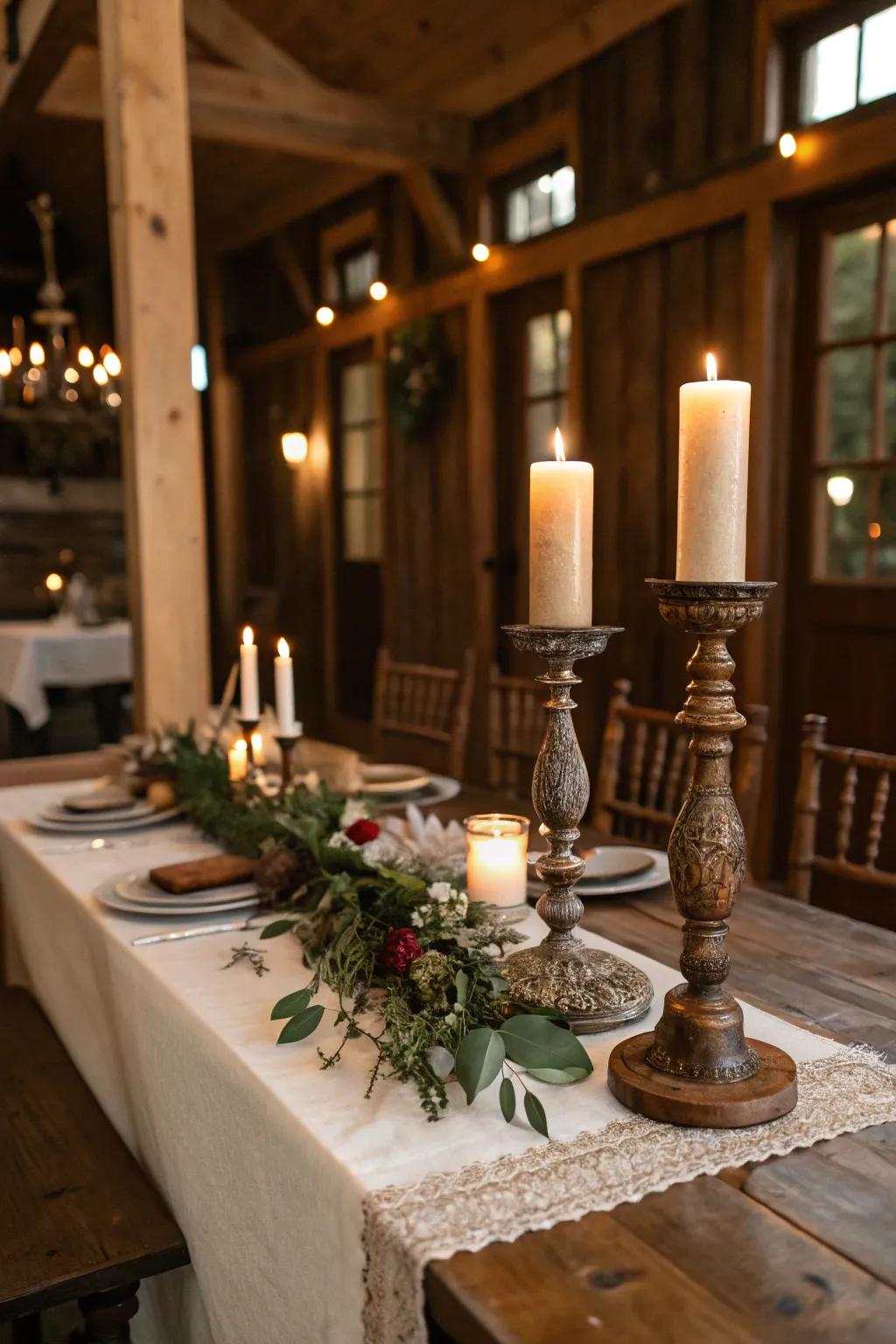 Aged beeswax holders offering a hint of elegance to the countryside table.