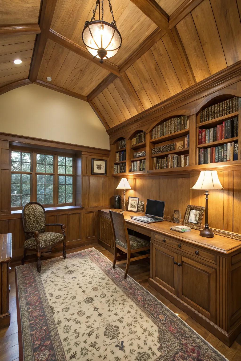 Ceiling paneling fashions a snug and intimate atmosphere.