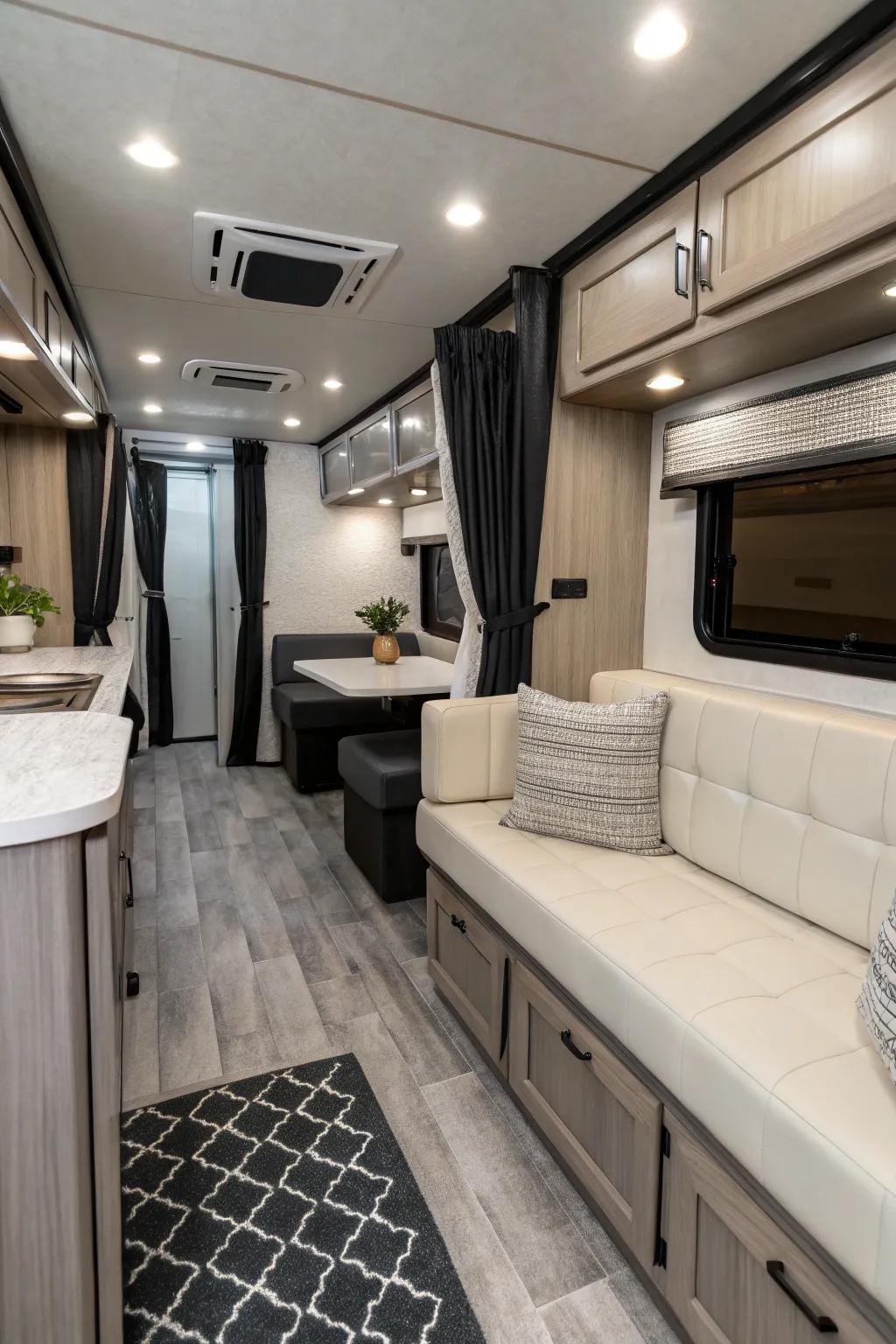 A monochrome palette results in a polished, cohesive RV interior.