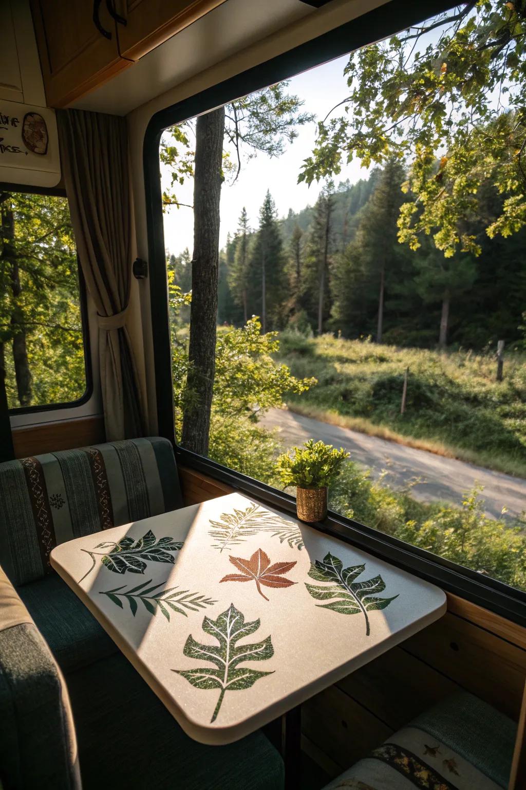 Nature-inspired tables bring a whimsical touch to your RV.