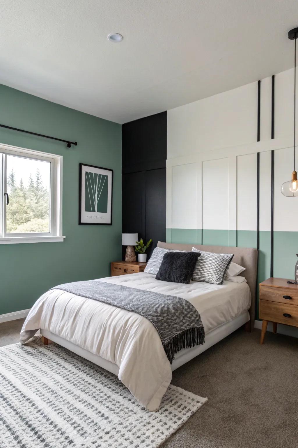 Color-blocked walls bring a modern and vibrant look to the bedroom.