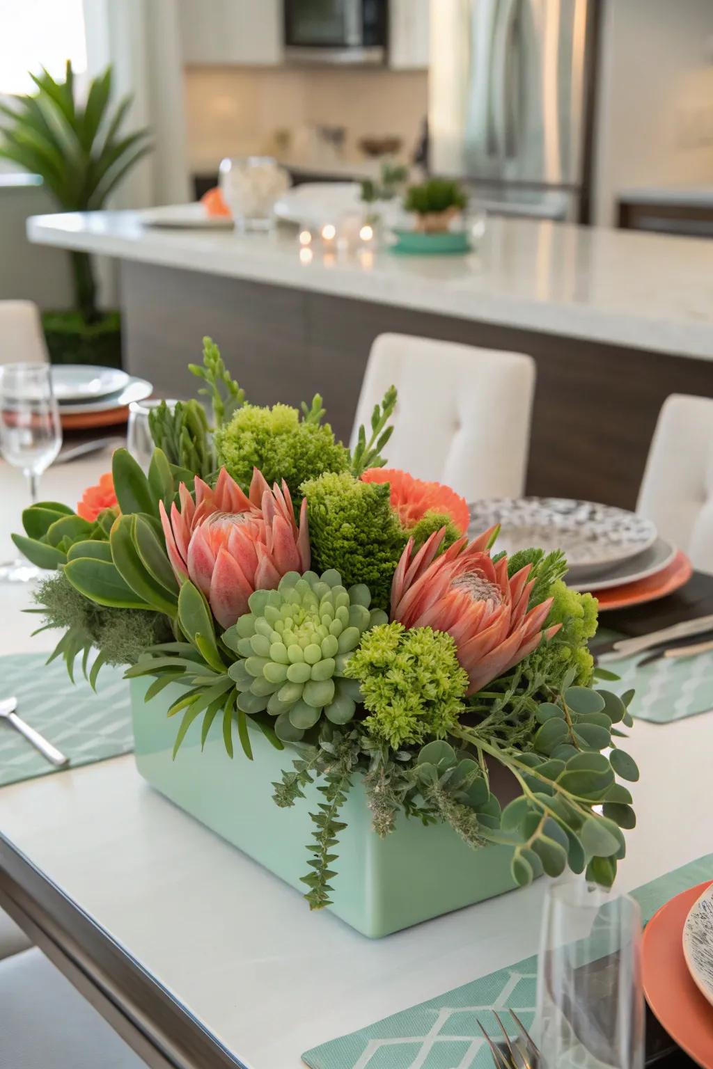 A vibrant and happy centerpiece with sage green and coral.