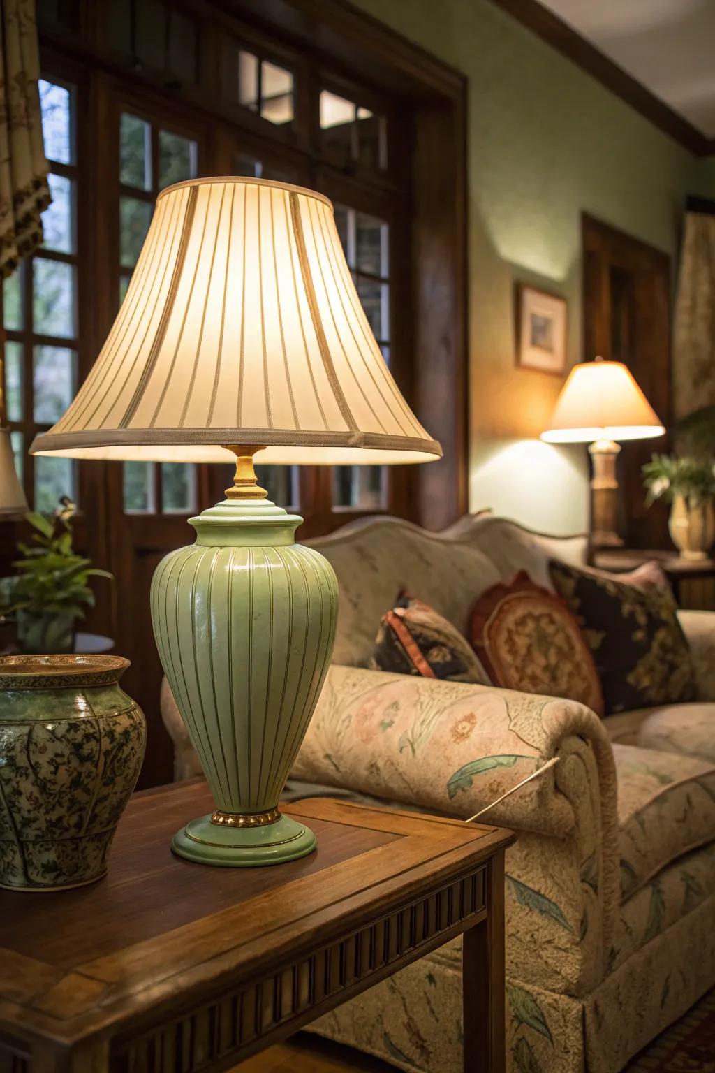 A cozy room lit by a soft sage green lamp.