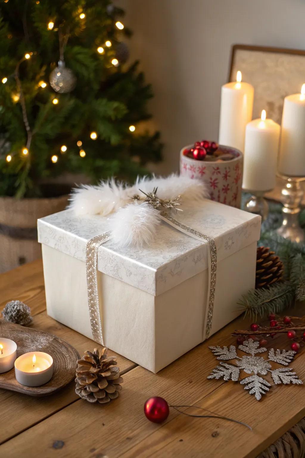 Artificial fur trim incorporates a luxurious element to Santa’s containers.