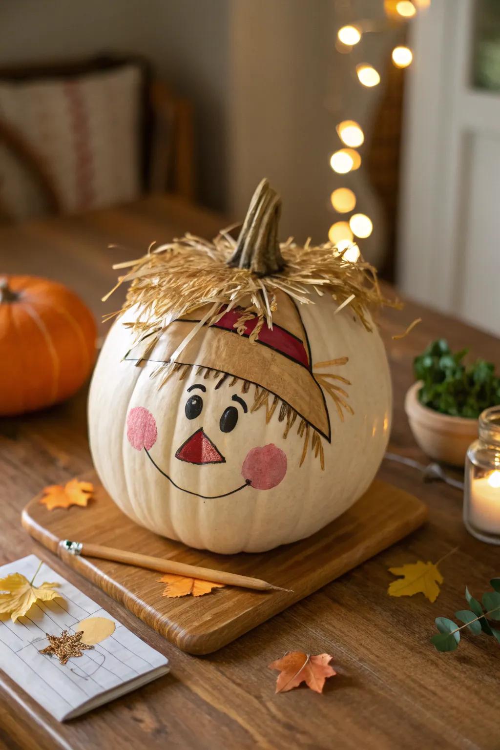 Rosy cheeks bring warmth to this scarecrow pumpkin.
