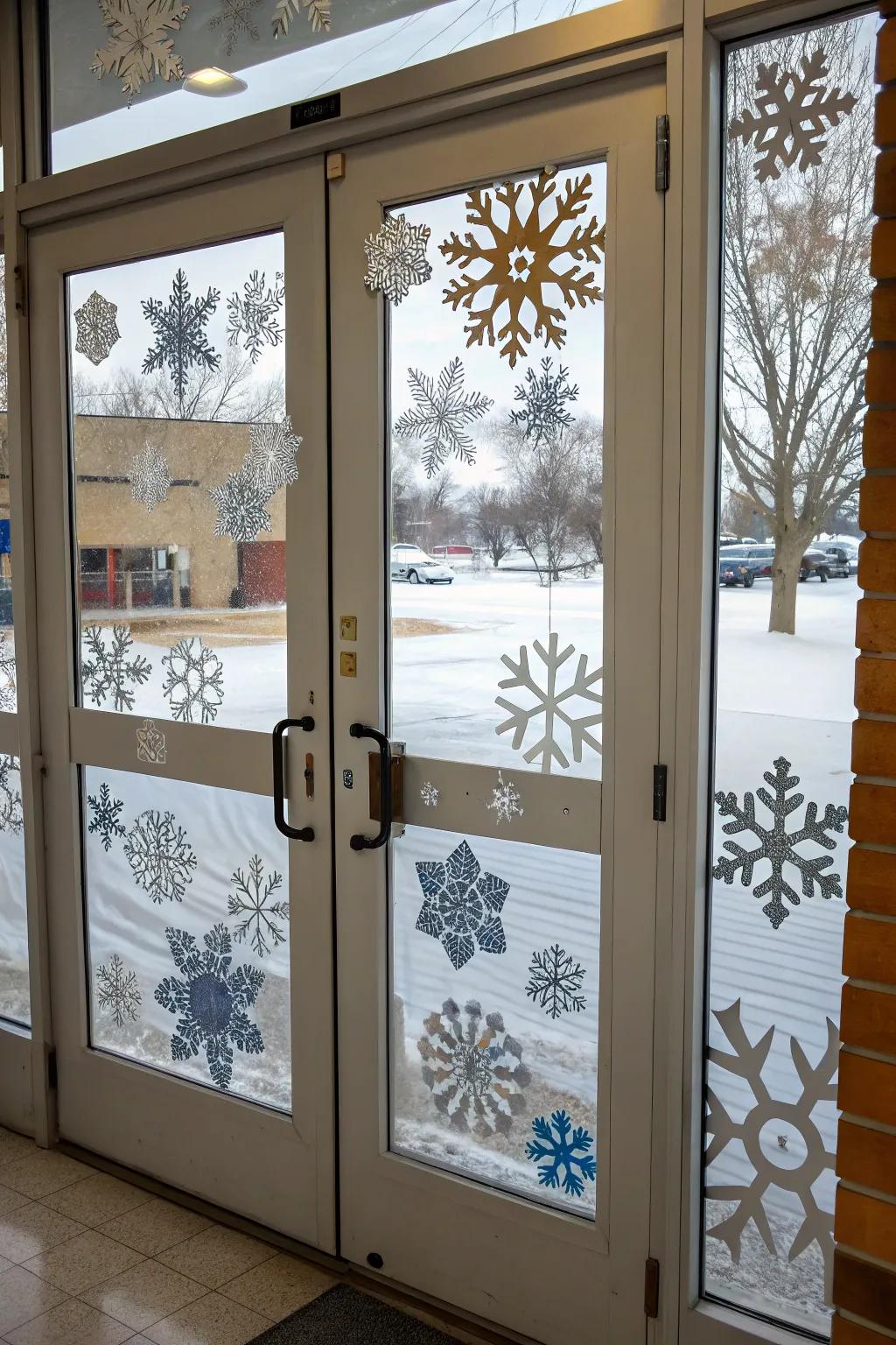 A winter-themed school door with intricate snowflakes.